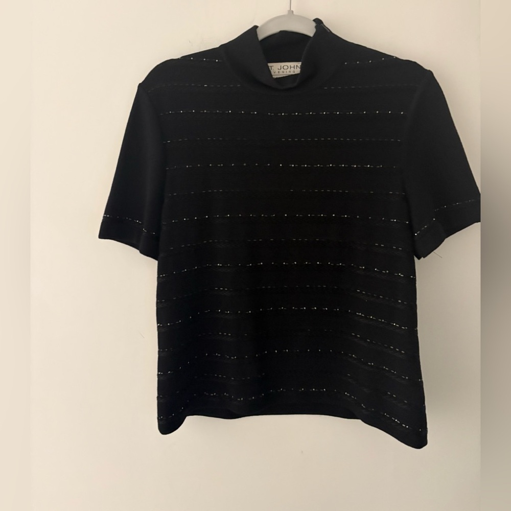 St. John Evening Santana Black Short Sleeve Knit Mock Turtleneck Rhinestones - Picture 5 of 6